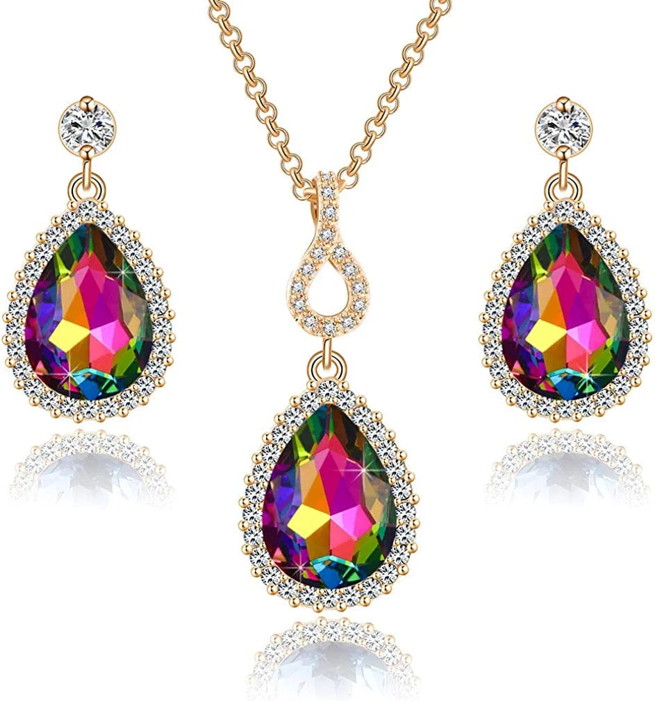 Austrian Crystals Teardrop Pendant Necklace Earrings for Women 14K Gold Plated Hypoallergenic Jewelry Set Vitrail Medium