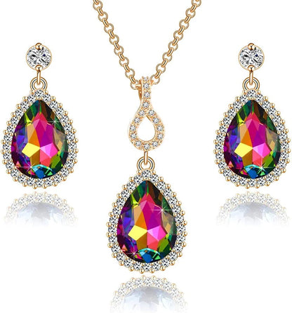 Austrian Crystals Teardrop Pendant Necklace Earrings for Women 14K Gold Plated Hypoallergenic Jewelry Set Vitrail Medium