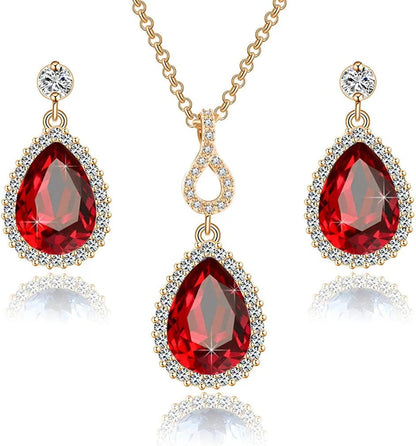 Austrian Crystals Teardrop Pendant Necklace Earrings for Women 14K Gold Plated Hypoallergenic Jewelry Set Red