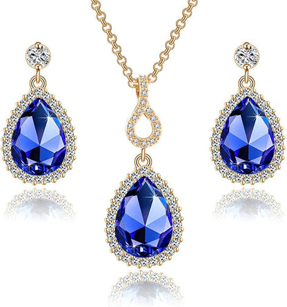 Austrian Crystals Teardrop Pendant Necklace Earrings for Women 14K Gold Plated Hypoallergenic Jewelry Set Bermuda Blue