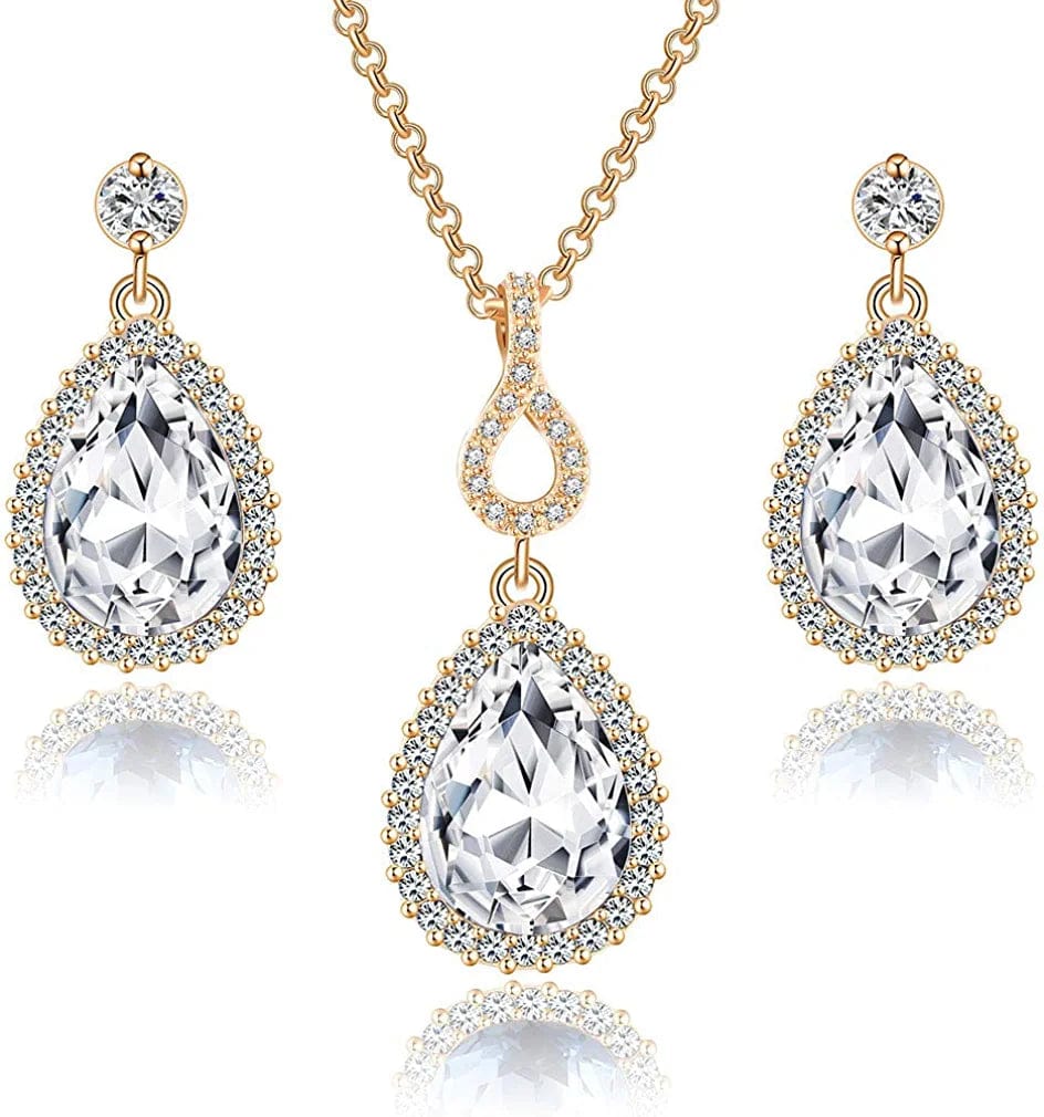 Austrian Crystals Teardrop Pendant Necklace Earrings for Women 14K Gold Plated Hypoallergenic Jewelry Set White