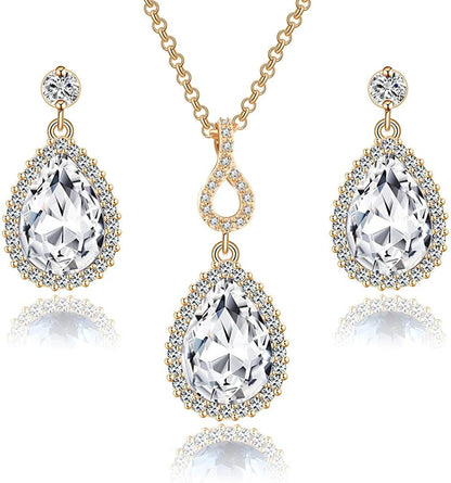 Austrian Crystals Teardrop Pendant Necklace Earrings for Women 14K Gold Plated Hypoallergenic Jewelry Set White