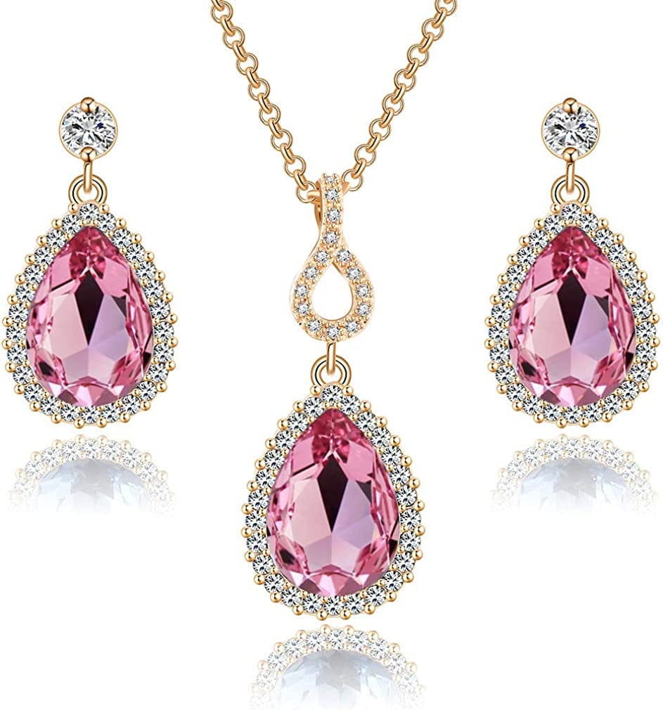 Austrian Crystals Teardrop Pendant Necklace Earrings for Women 14K Gold Plated Hypoallergenic Jewelry Set Pink