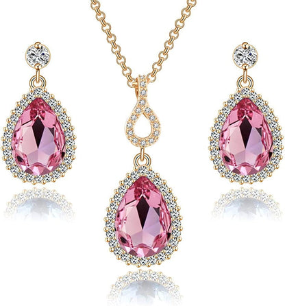 Austrian Crystals Teardrop Pendant Necklace Earrings for Women 14K Gold Plated Hypoallergenic Jewelry Set Pink