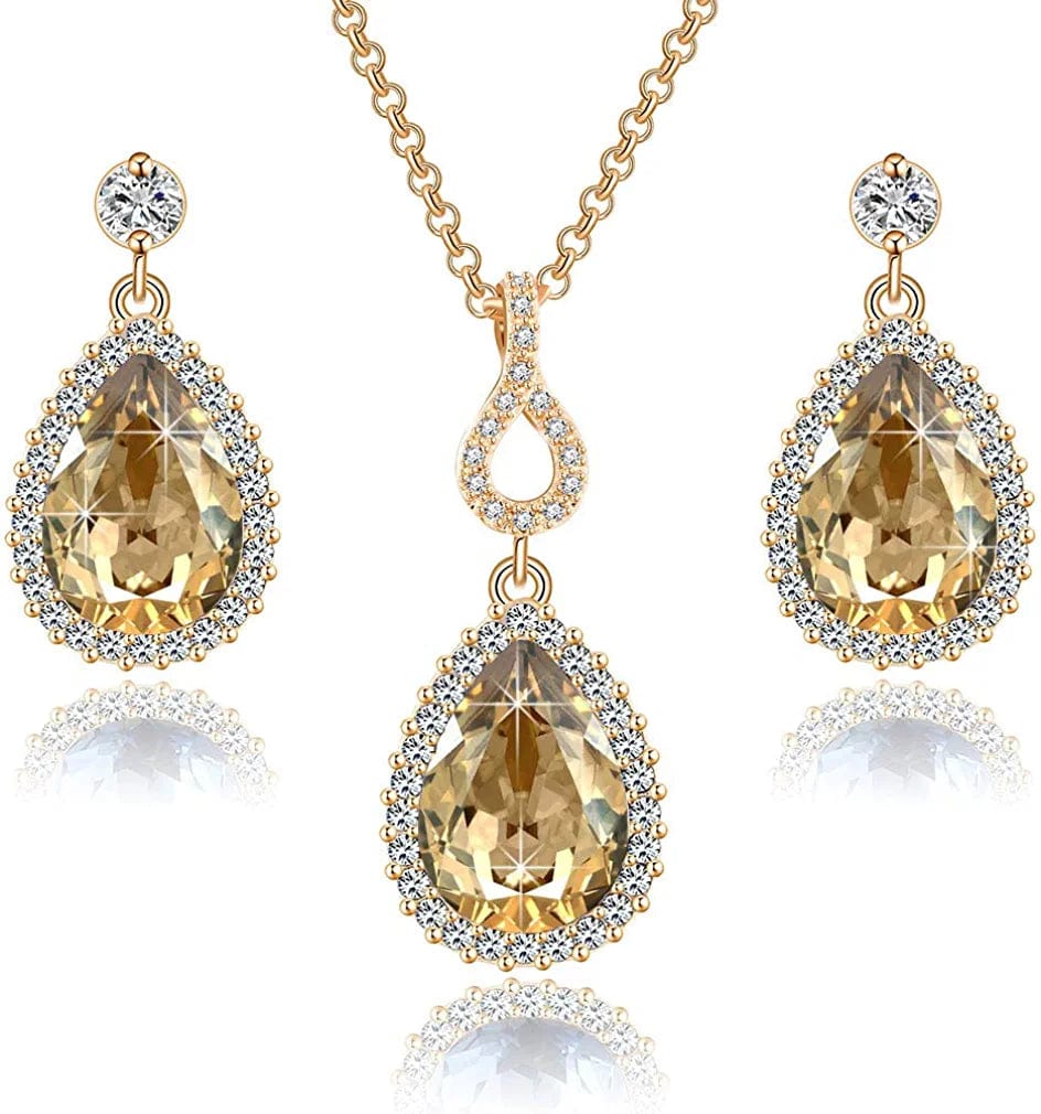 Austrian Crystals Teardrop Pendant Necklace Earrings for Women 14K Gold Plated Hypoallergenic Jewelry Set Light Topaz