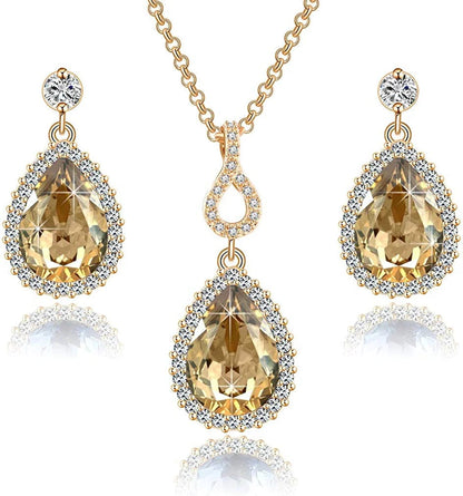 Austrian Crystals Teardrop Pendant Necklace Earrings for Women 14K Gold Plated Hypoallergenic Jewelry Set Light Topaz