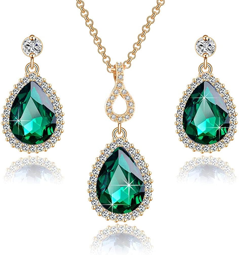 Austrian Crystals Teardrop Pendant Necklace Earrings for Women 14K Gold Plated Hypoallergenic Jewelry Set Green