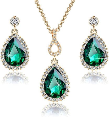 Austrian Crystals Teardrop Pendant Necklace Earrings for Women 14K Gold Plated Hypoallergenic Jewelry Set Green