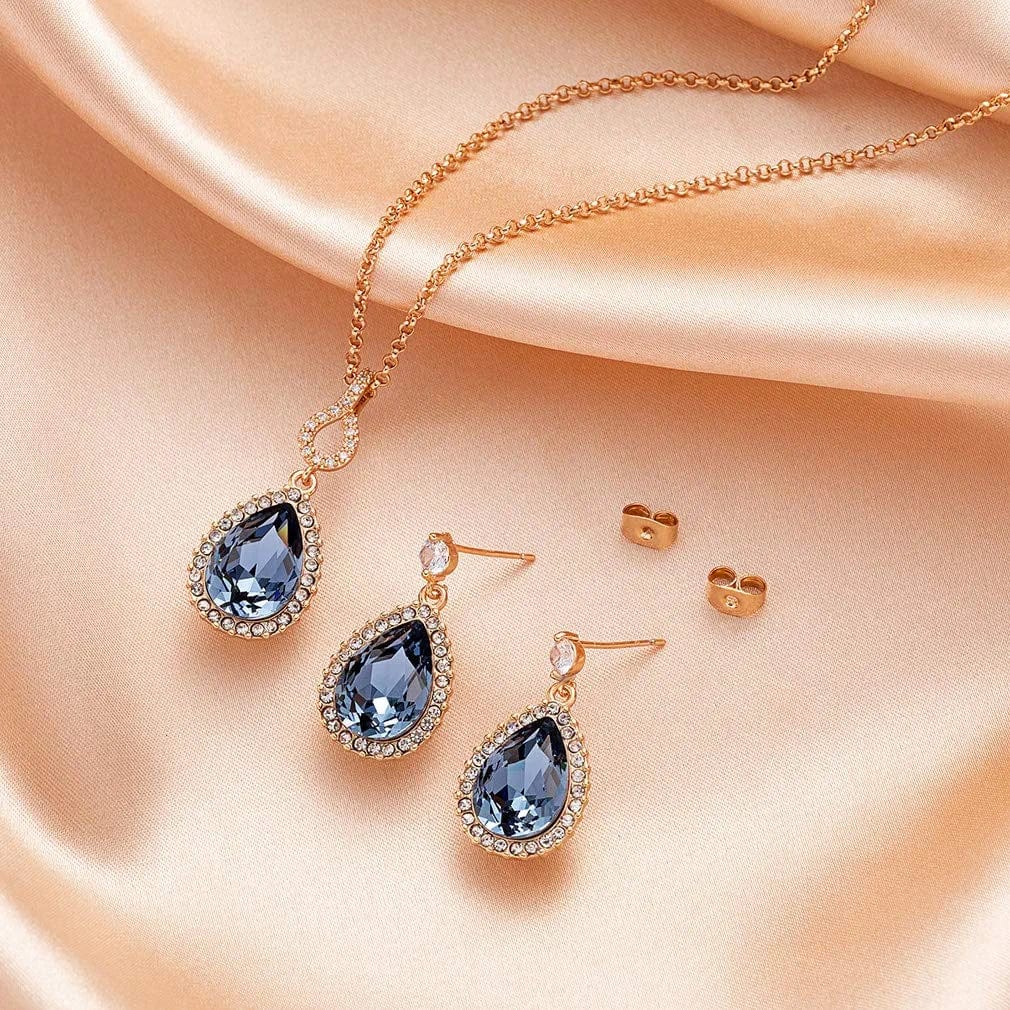 Austrian Crystals Teardrop Pendant Necklace Earrings for Women 14K Gold Plated Hypoallergenic Jewelry Set