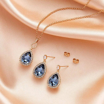 Austrian Crystals Teardrop Pendant Necklace Earrings for Women 14K Gold Plated Hypoallergenic Jewelry Set