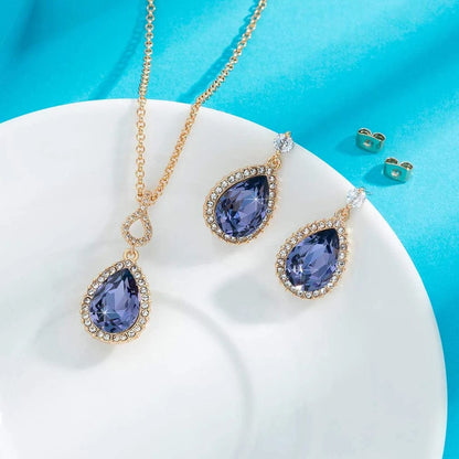 Austrian Crystals Teardrop Pendant Necklace Earrings for Women 14K Gold Plated Hypoallergenic Jewelry Set