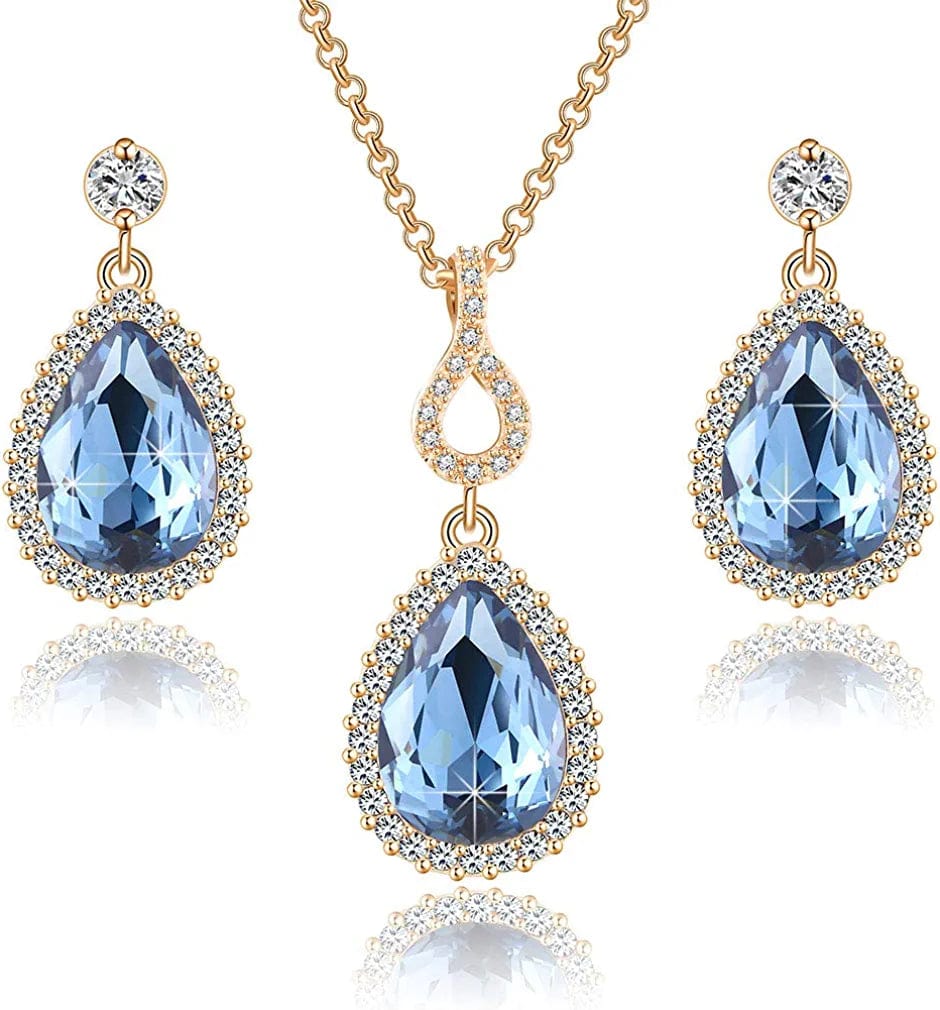 Austrian Crystals Teardrop Pendant Necklace Earrings for Women 14K Gold Plated Hypoallergenic Jewelry Set Dark Blue