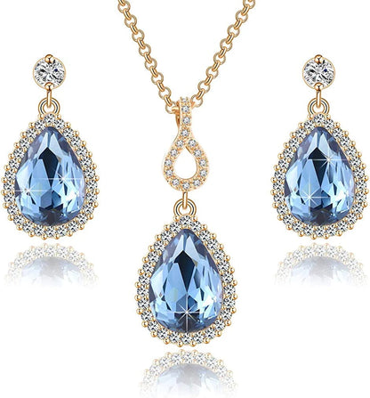 Austrian Crystals Teardrop Pendant Necklace Earrings for Women 14K Gold Plated Hypoallergenic Jewelry Set Dark Blue