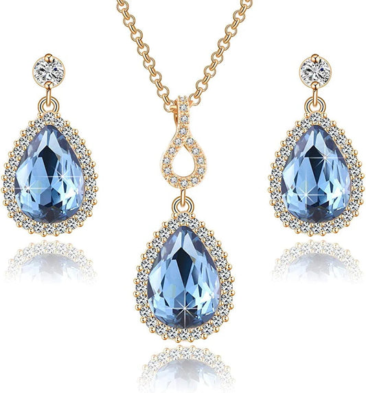Austrian Crystals Teardrop Pendant Necklace Earrings for Women 14K Gold Plated Hypoallergenic Jewelry Set Dark Blue
