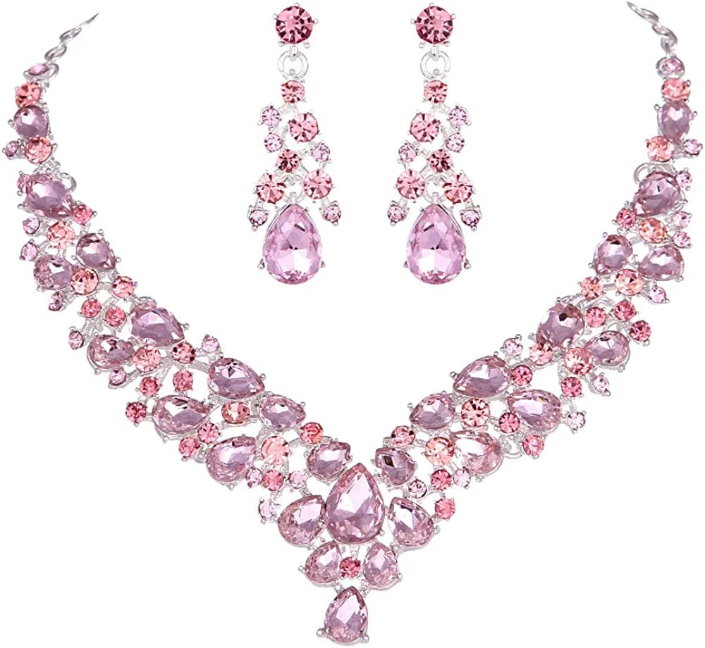 Austrian Rhinestone Crystal Wedding Gown Prom Ball Necklace Earrings Jewelry Set for Brides Dress Pink