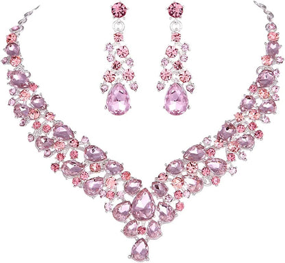 Austrian Rhinestone Crystal Wedding Gown Prom Ball Necklace Earrings Jewelry Set for Brides Dress Pink