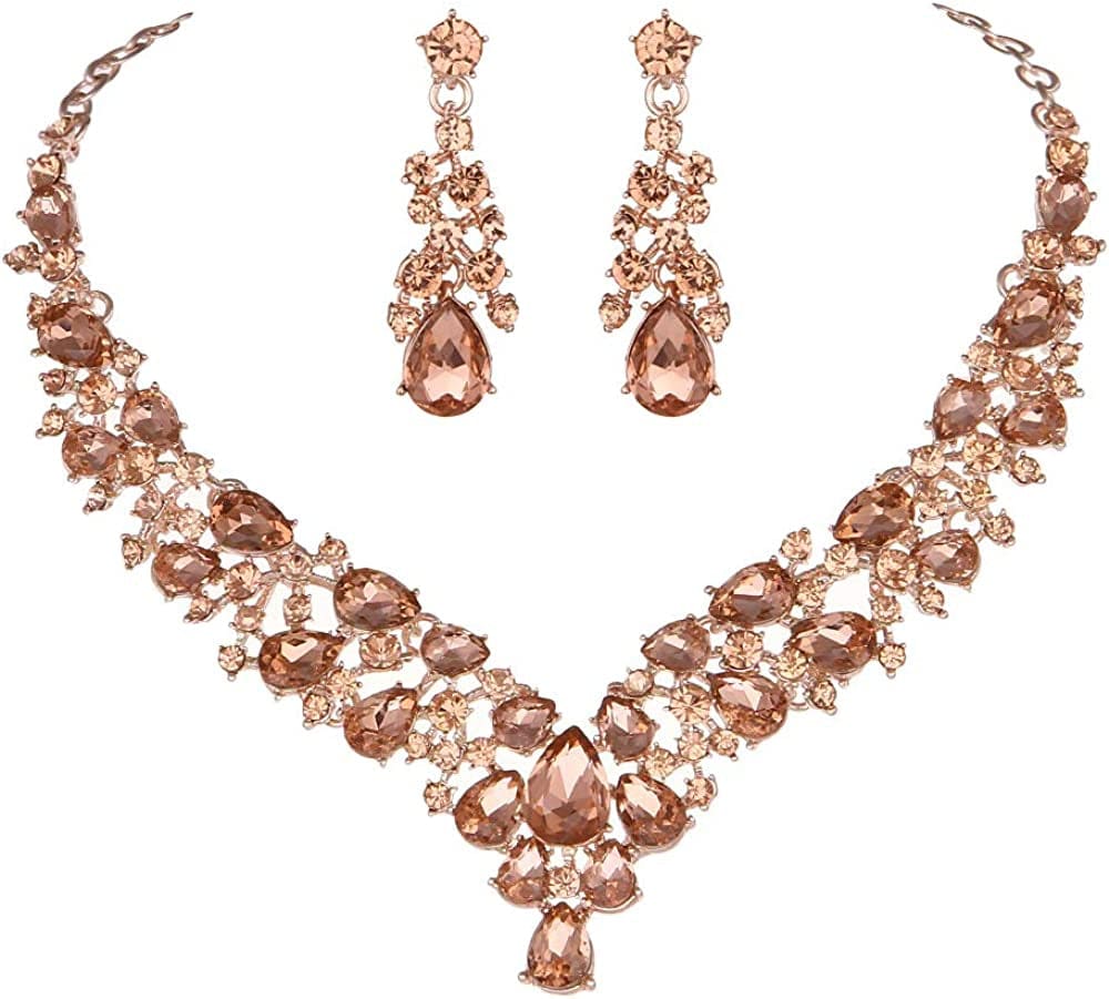 Austrian Rhinestone Crystal Wedding Gown Prom Ball Necklace Earrings Jewelry Set for Brides Dress Rose Gold-Peach