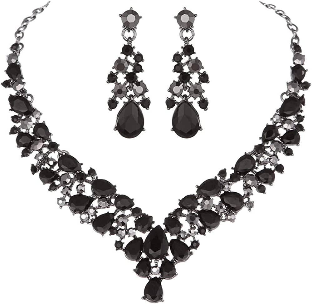 Austrian Rhinestone Crystal Wedding Gown Prom Ball Necklace Earrings Jewelry Set for Brides Dress Black