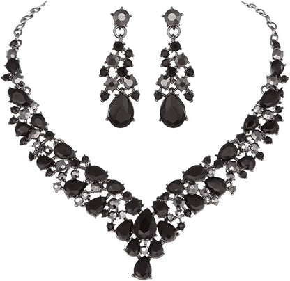 Austrian Rhinestone Crystal Wedding Gown Prom Ball Necklace Earrings Jewelry Set for Brides Dress Black