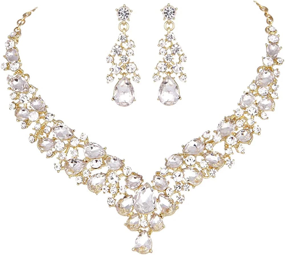 Austrian Rhinestone Crystal Wedding Gown Prom Ball Necklace Earrings Jewelry Set for Brides Dress Clear-Gold tone