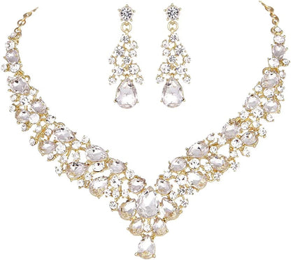 Austrian Rhinestone Crystal Wedding Gown Prom Ball Necklace Earrings Jewelry Set for Brides Dress Clear-Gold tone