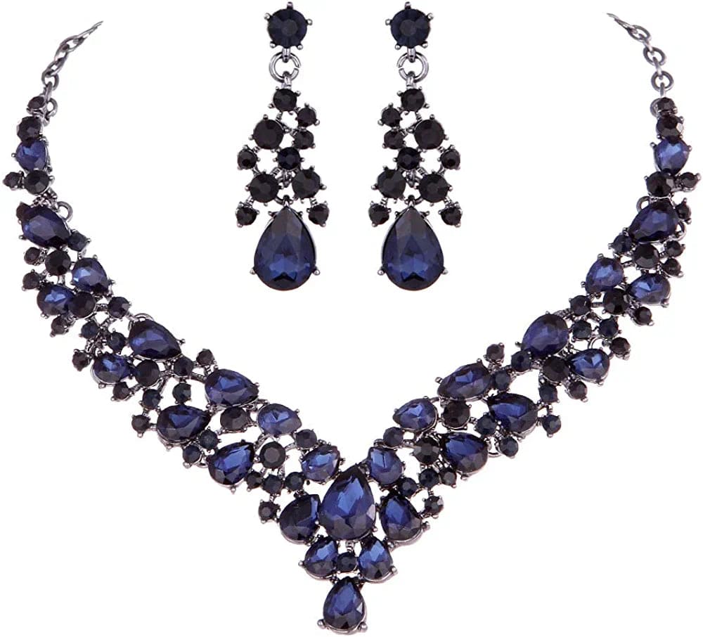Austrian Rhinestone Crystal Wedding Gown Prom Ball Necklace Earrings Jewelry Set for Brides Dress Navy Blue