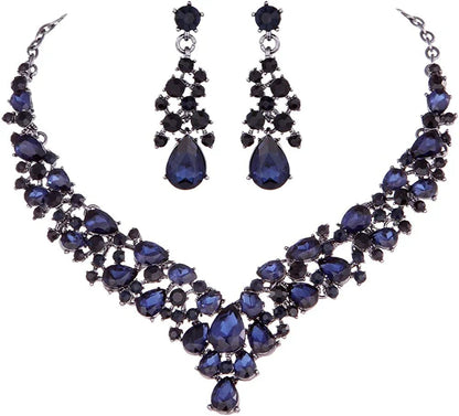 Austrian Rhinestone Crystal Wedding Gown Prom Ball Necklace Earrings Jewelry Set for Brides Dress Navy Blue