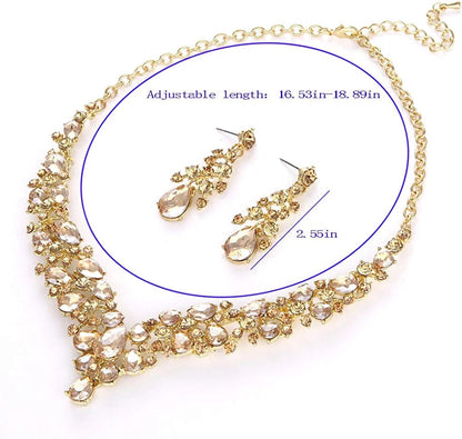 Austrian Rhinestone Crystal Wedding Gown Prom Ball Necklace Earrings Jewelry Set for Brides Dress