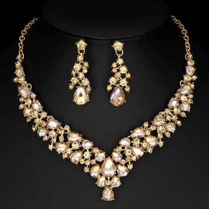 Austrian Rhinestone Crystal Wedding Gown Prom Ball Necklace Earrings Jewelry Set for Brides Dress