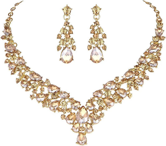 Austrian Rhinestone Crystal Wedding Gown Prom Ball Necklace Earrings Jewelry Set for Brides Dress Champagne