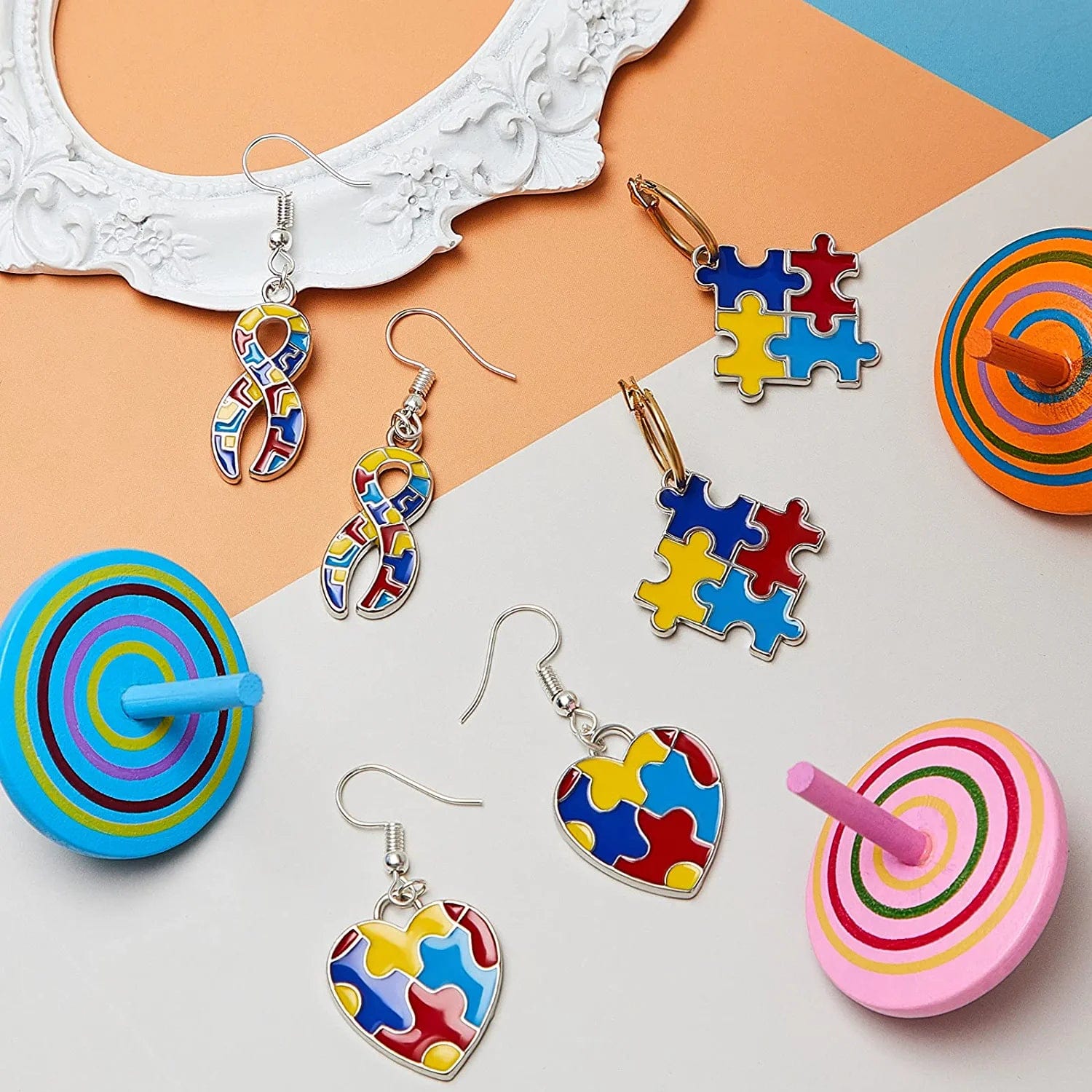 Autism Charms Pendants Ribbon Heart Square with Puzzle Shape Charms Enamel Autistic Awareness Pendants for DIY Jewelry Necklace Bracelet Keychain Crafts Decorations Making Supplies