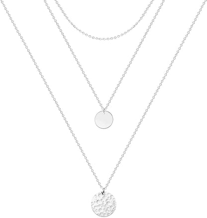 Ava Riley Layered Necklace Dainty Disc Chokers Necklace 14K Real Gold Plated Layering Necklaces Jewelry for Women Silver plated / A 3 Piece Set - Chain+Disc+Hammered Disc