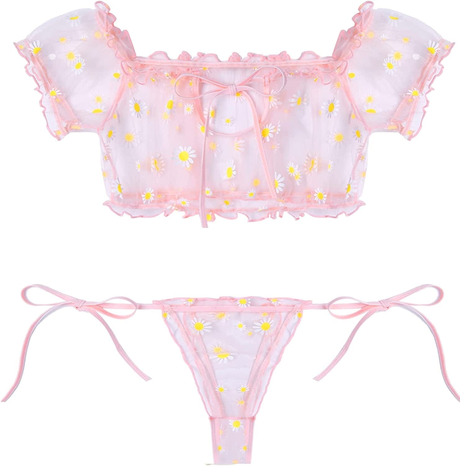 Avidlove Bra and Panty Set Ruffle Lingerie Set Mesh Babydoll Chemise Pink Daisy / Large