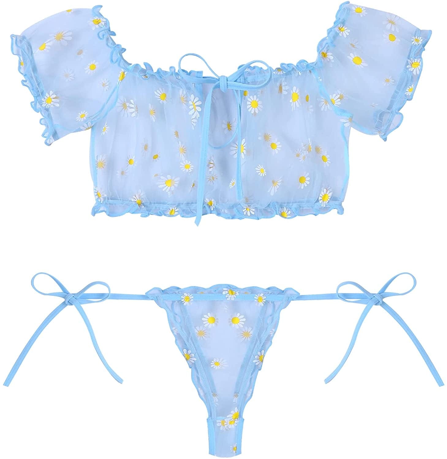 Avidlove Bra and Panty Set Ruffle Lingerie Set Mesh Babydoll Chemise Blue Daisy / Small