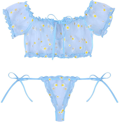 Avidlove Bra and Panty Set Ruffle Lingerie Set Mesh Babydoll Chemise Blue Daisy / Small