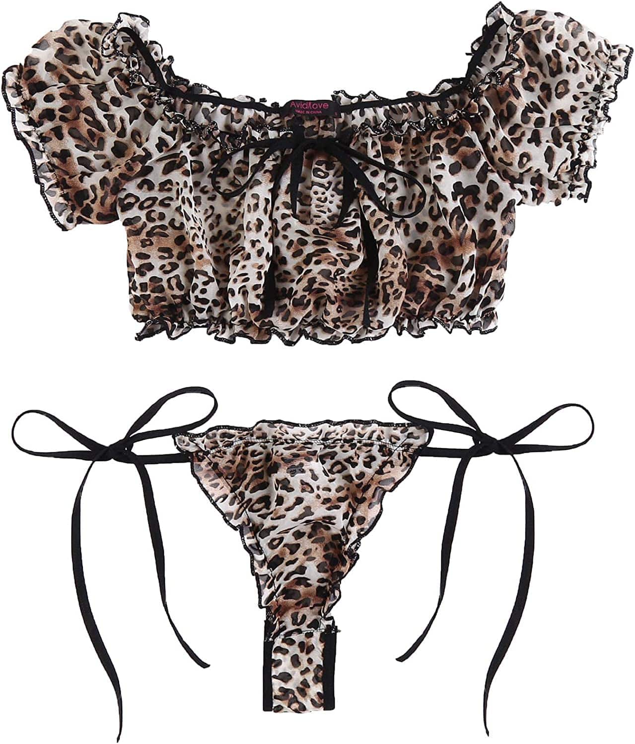 Avidlove Bra and Panty Set Ruffle Lingerie Set Mesh Babydoll Chemise Leopard Print / X-Large