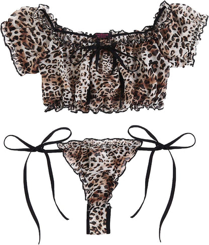 Avidlove Bra and Panty Set Ruffle Lingerie Set Mesh Babydoll Chemise Leopard Print / X-Large