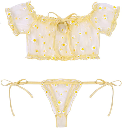 Avidlove Bra and Panty Set Ruffle Lingerie Set Mesh Babydoll Chemise Yellow Daisy / Medium