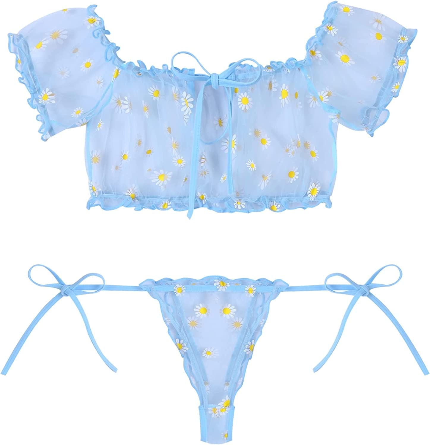 Avidlove Bra and Panty Set Ruffle Lingerie Set Mesh Babydoll Chemise Blue Daisy / X-Large