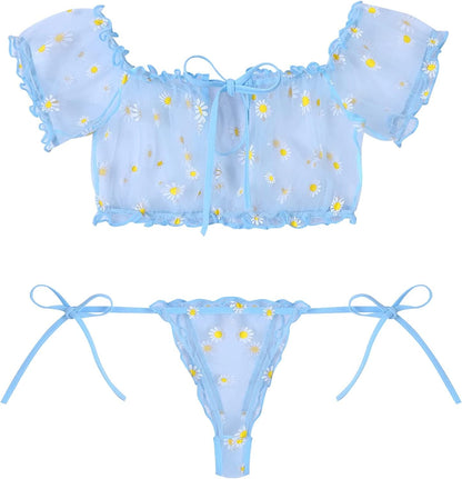 Avidlove Bra and Panty Set Ruffle Lingerie Set Mesh Babydoll Chemise Blue Daisy / X-Large