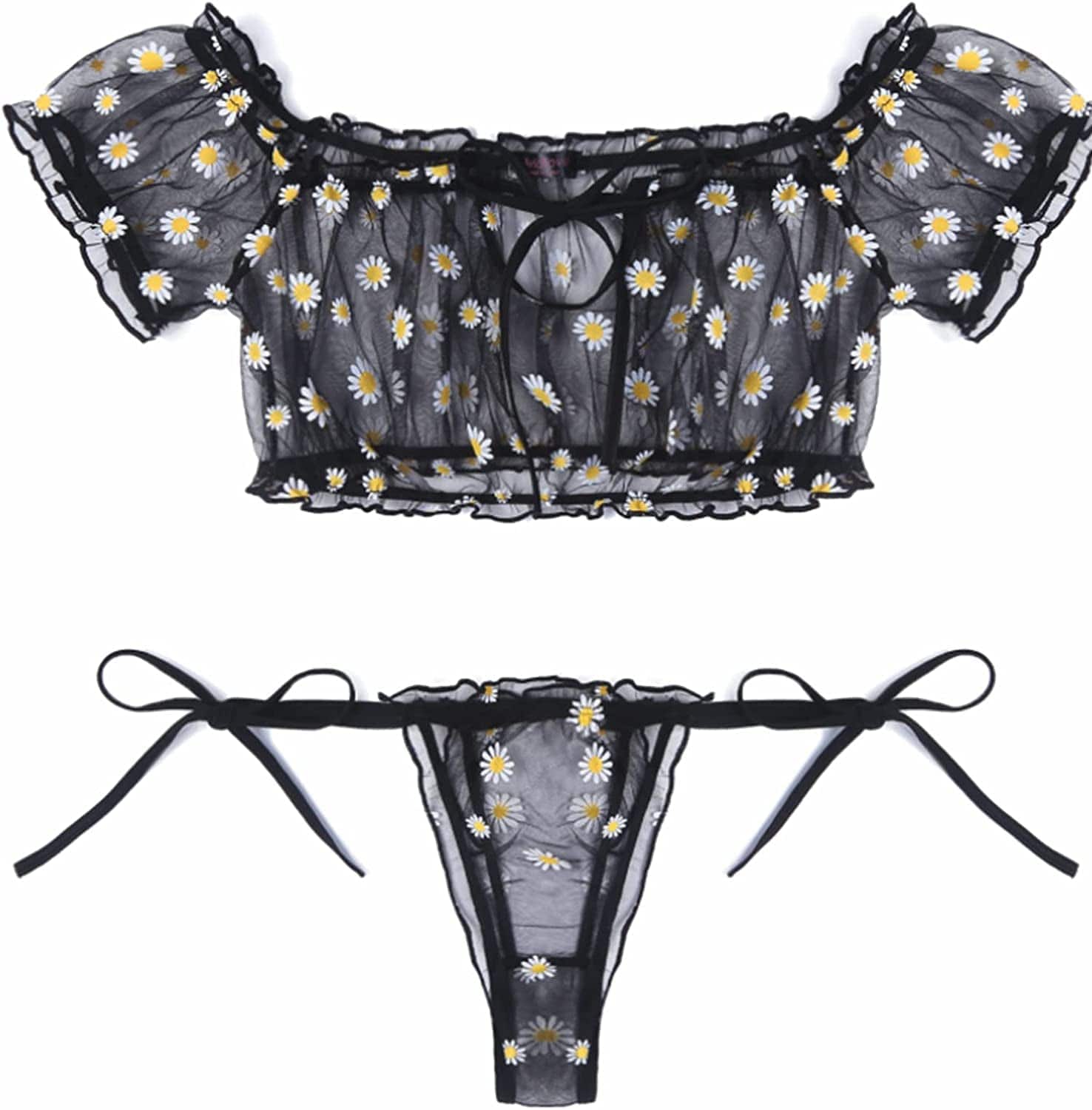 Avidlove Bra and Panty Set Ruffle Lingerie Set Mesh Babydoll Chemise Black Daisy / X-Large