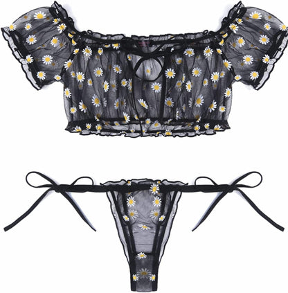 Avidlove Bra and Panty Set Ruffle Lingerie Set Mesh Babydoll Chemise Black Daisy / X-Large
