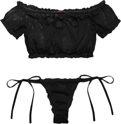 Avidlove Bra and Panty Set Ruffle Lingerie Set Mesh Babydoll Chemise Black / XX-Large