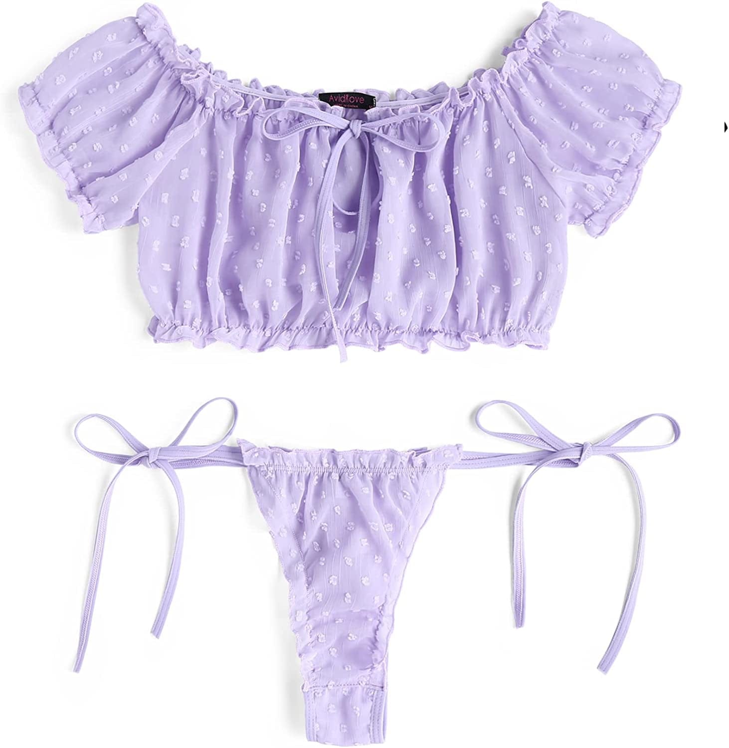 Avidlove Bra and Panty Set Ruffle Lingerie Set Mesh Babydoll Chemise Lavender / X-Small