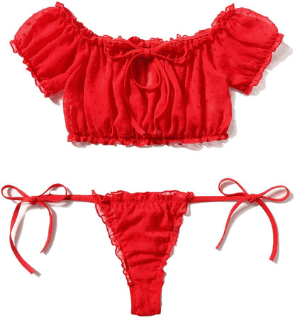 Avidlove Bra and Panty Set Ruffle Lingerie Set Mesh Babydoll Chemise Red / Small