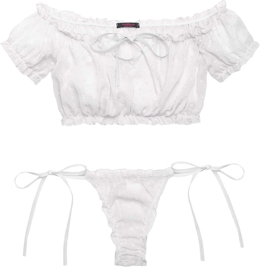 Avidlove Bra and Panty Set Ruffle Lingerie Set Mesh Babydoll Chemise White / X-Large