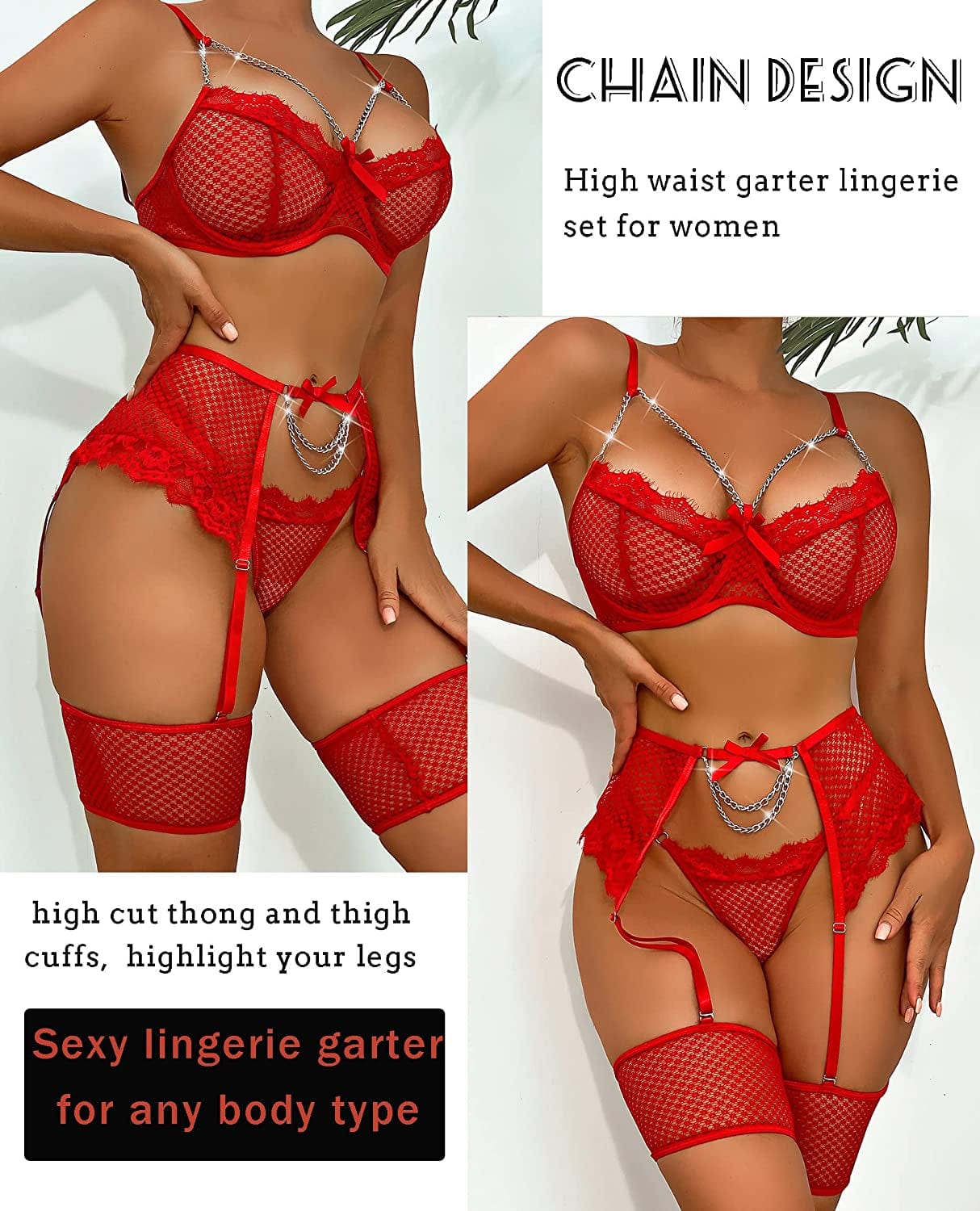 Avidlove Garter Set Lingerie for Women Fishnet Sexy Underwire Lace 4 Piece Sets Chain Bra