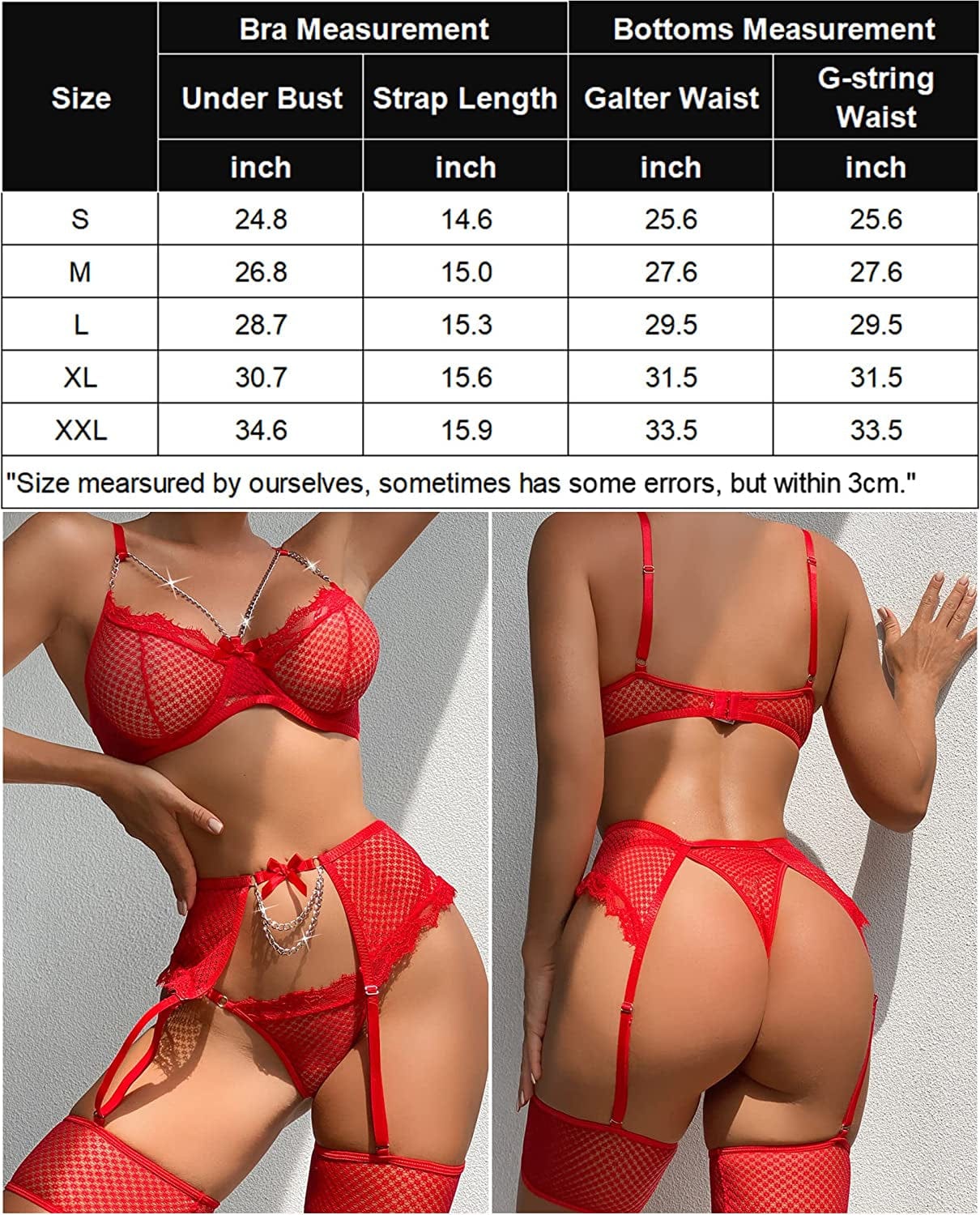 Avidlove Garter Set Lingerie for Women Fishnet Sexy Underwire Lace 4 Piece Sets Chain Bra