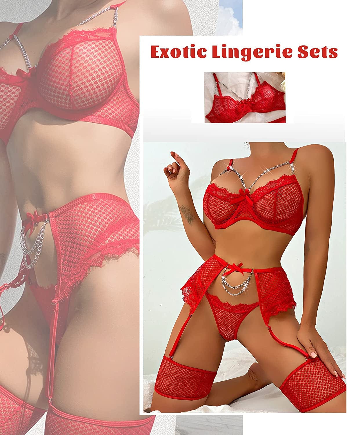 Avidlove Garter Set Lingerie for Women Fishnet Sexy Underwire Lace 4 Piece Sets Chain Bra