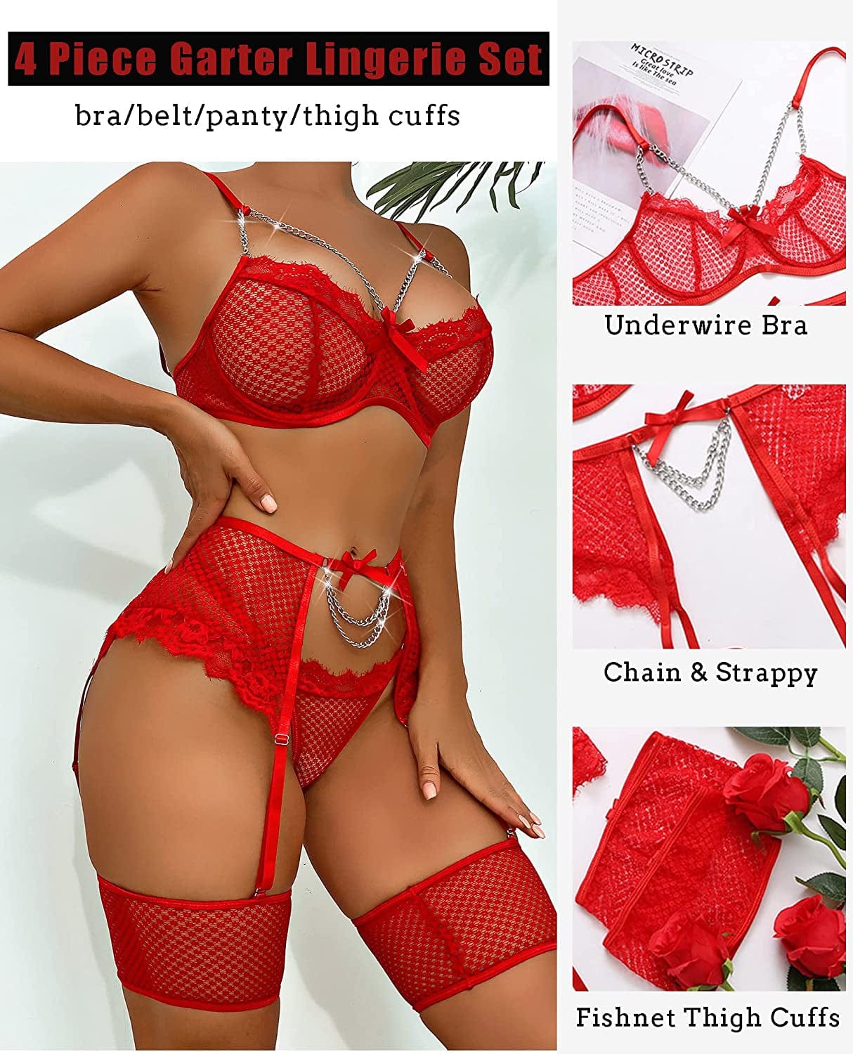 Avidlove Garter Set Lingerie for Women Fishnet Sexy Underwire Lace 4 Piece Sets Chain Bra